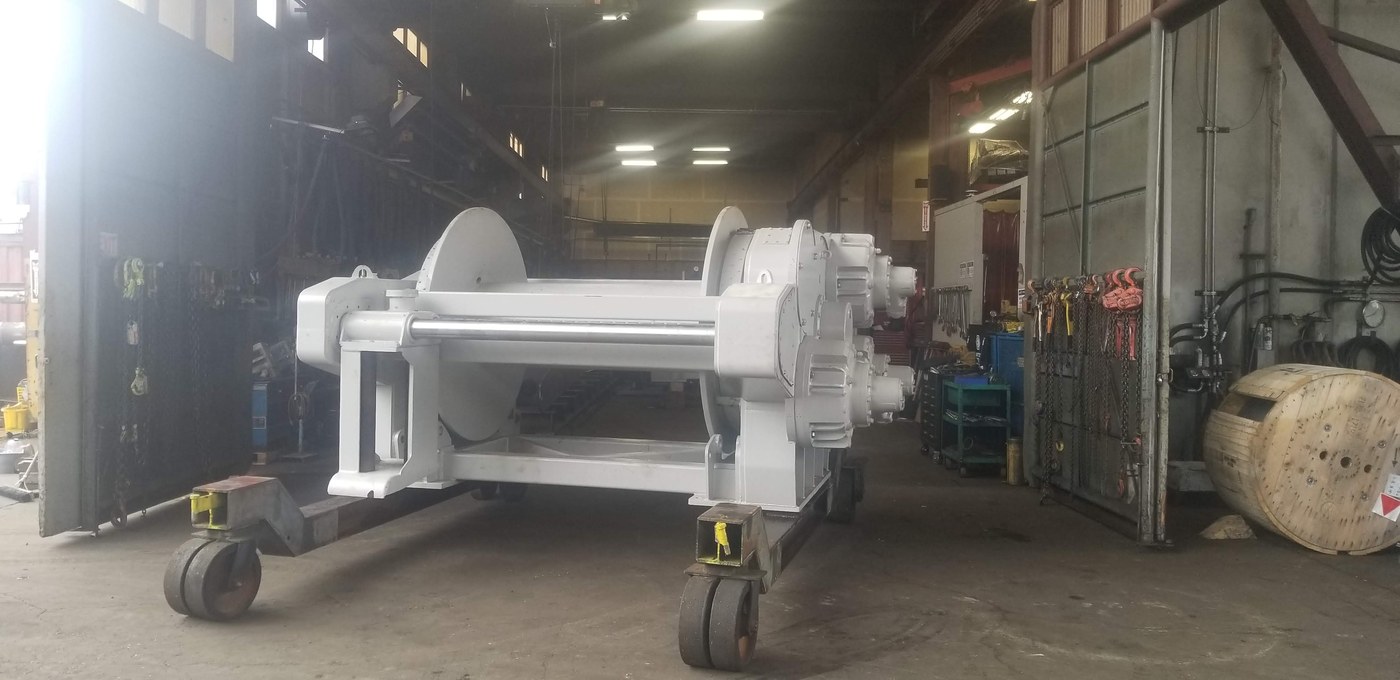 Rapp Marine heavy-lift winch on dollies in the shop